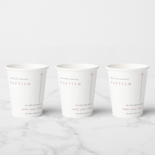 Classy Elegant Minimal Pink Typography Baptism Paper Cups (Multi)