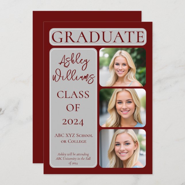 Classy Elegant Minimalist Graduate 3 Photo Announcement (Front/Back)