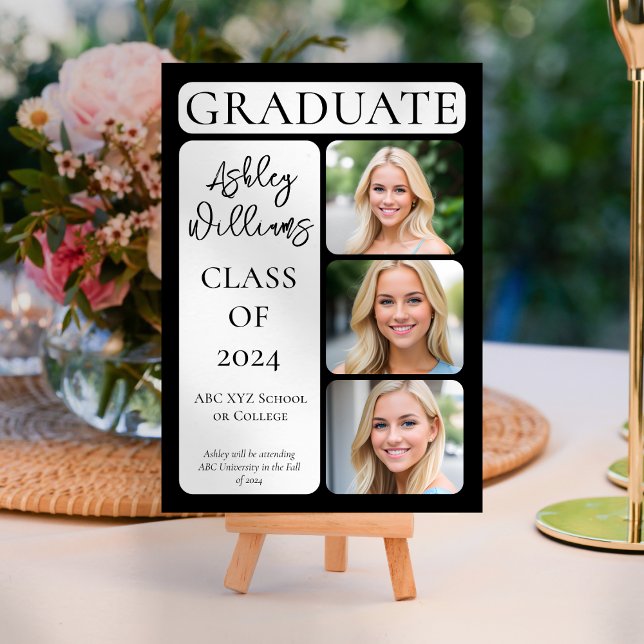 Classy Elegant Minimalist Graduate 3 Photo Announcement (Classy Elegant Minimalist Modern "Graduate" Portrait Style 3-Photo Graduation Announcement - Black)