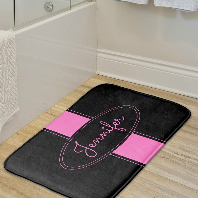 Classy Elegant Pink Black Custom Name Personalised Bath Mat (Creator Uploaded)