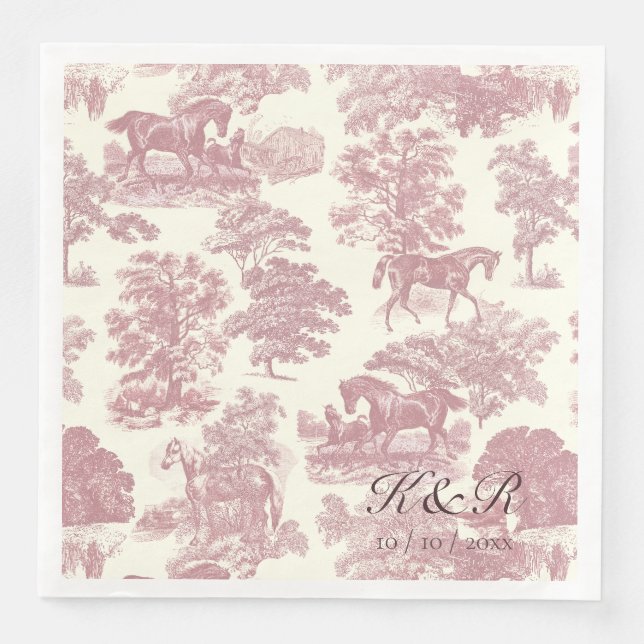 Classy Elegant Pink Horse Toile Name Initials Napkin (Front)