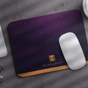 Classy elegant purple leather gold monogrammed mouse pad