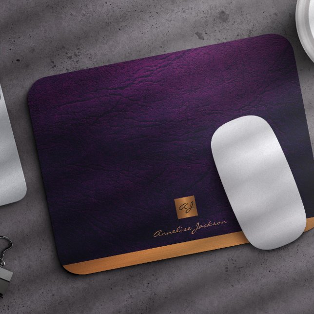 Classy elegant purple leather gold monogrammed mouse pad (Creator Uploaded)