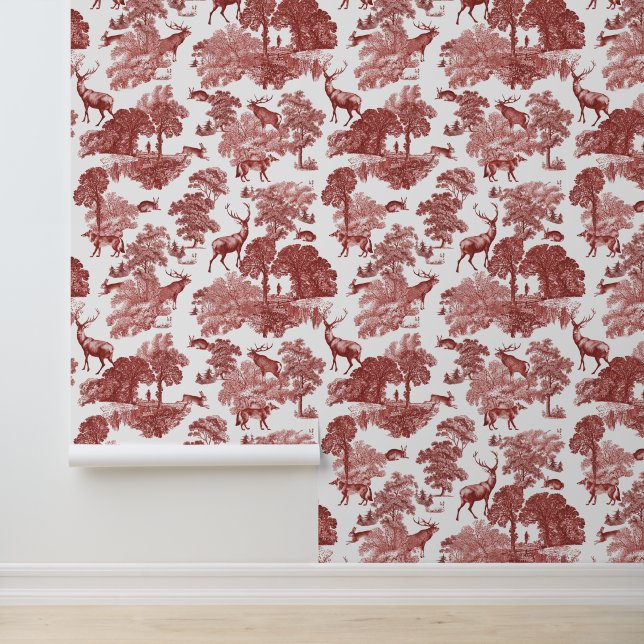 Classy Elegant Red Deer Forest Animals Toile Wallpaper (Application)