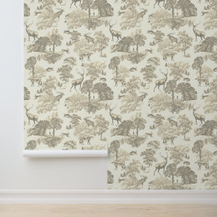 Classy Elegant Rustic Beige Deer Woodland Toile Wallpaper