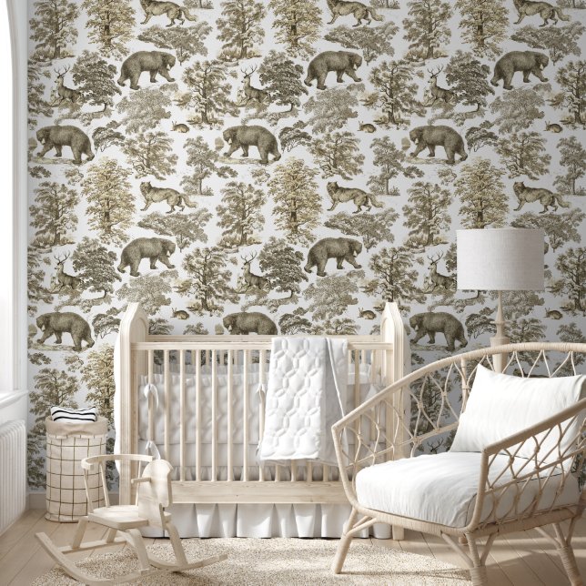 Classy Elegant Rustic Beige Forest Animals Toile Wallpaper (Kids)
