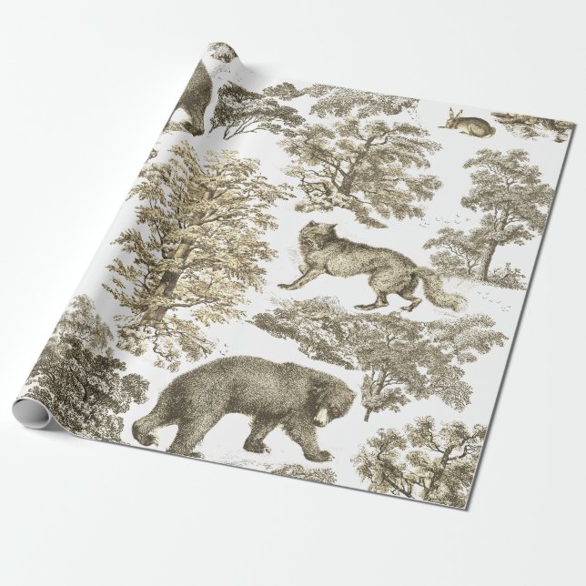 Classy Elegant Rustic Beige Forest Animals Toile Wrapping Paper (Unrolled)