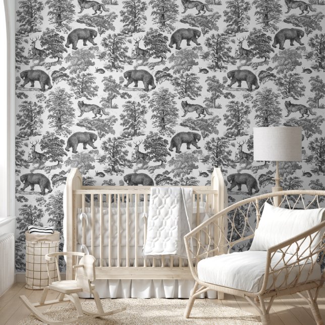 Classy Elegant Rustic Black Forest Animals Toile Wallpaper (Kids)