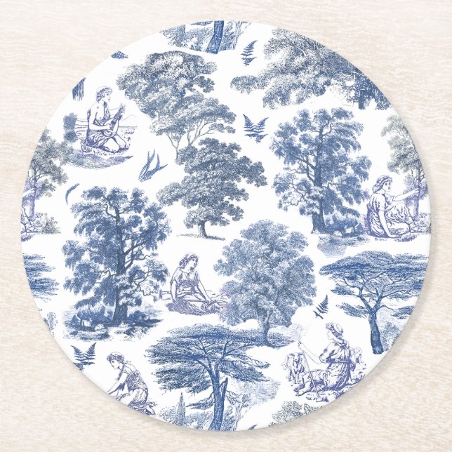 Classy Elegant Rustic Blue Country Toile Round Paper Coaster (Front)