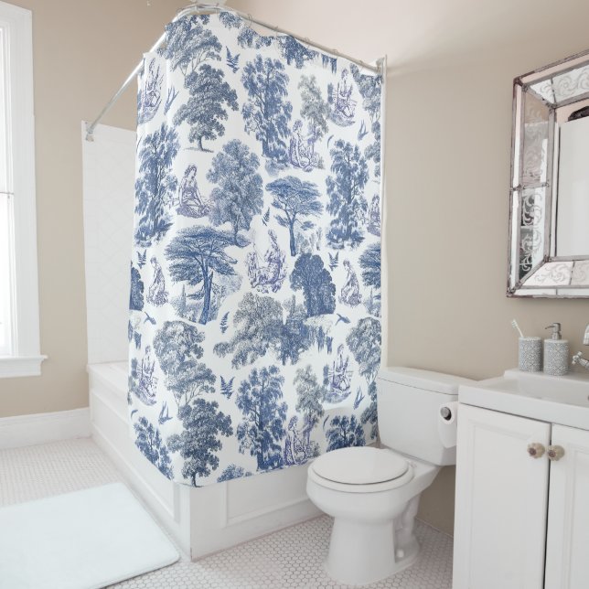 Classy Elegant Rustic Blue Country Toile Shower Curtain (In Situ)