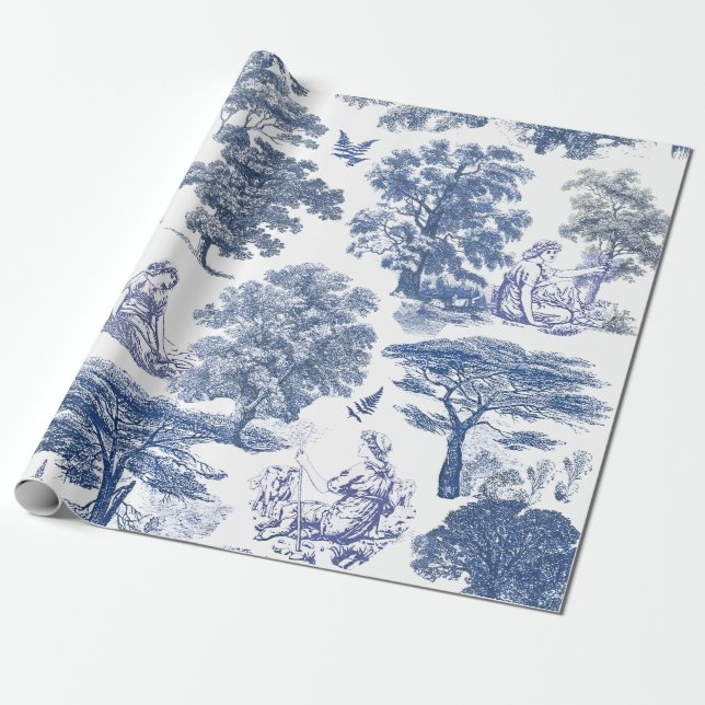Classy Elegant Rustic Blue Country Toile Wrapping Paper (Unrolled)