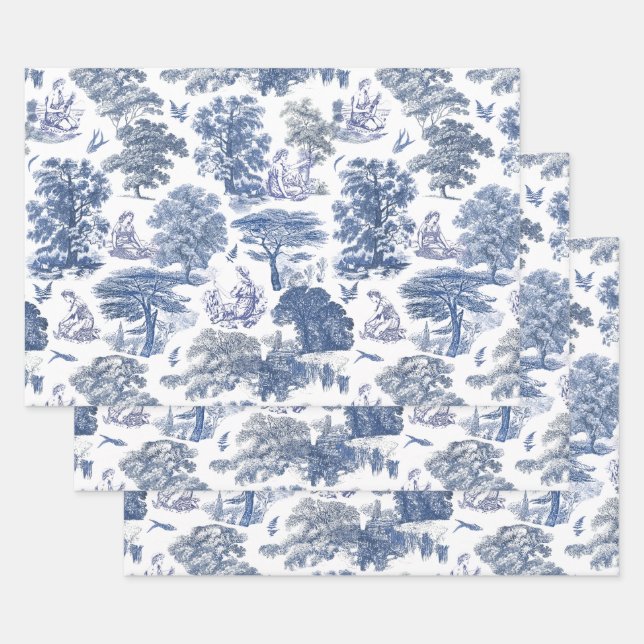 Classy Elegant Rustic Blue Country Toile Wrapping Paper Sheet (Set)