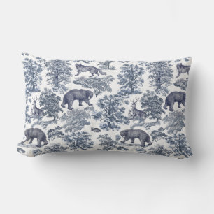 Classy Elegant Rustic Blue Forest Animals Toile Lumbar Cushion
