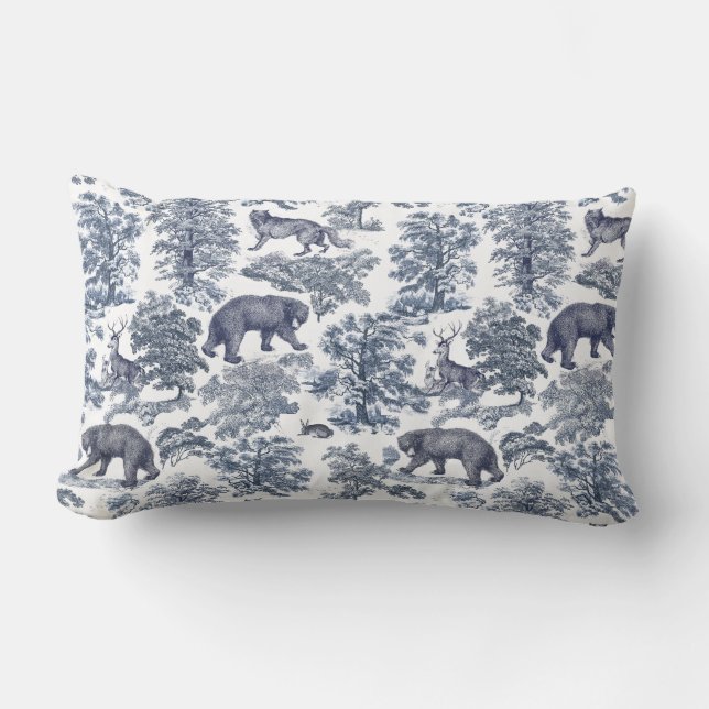 Classy Elegant Rustic Blue Forest Animals Toile Lumbar Cushion (Front)