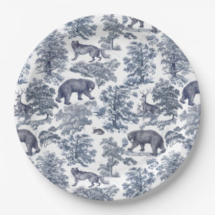 Classy Elegant Rustic Blue Forest Animals Toile Paper Plate