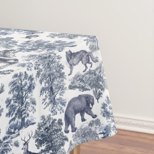 Classy Elegant Rustic Blue Forest Animals Toile Tablecloth (In Situ)