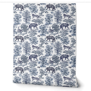 Classy Elegant Rustic Blue Forest Animals Toile Wallpaper