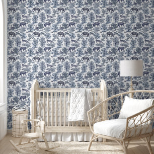 Classy Elegant Rustic Blue Forest Animals Toile Wallpaper