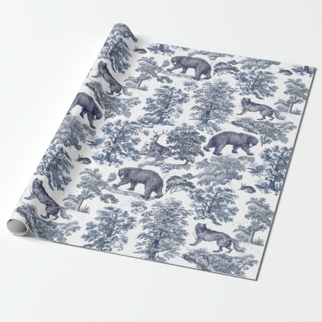 Classy Elegant Rustic Blue Forest Animals Toile Wrapping Paper (Unrolled)