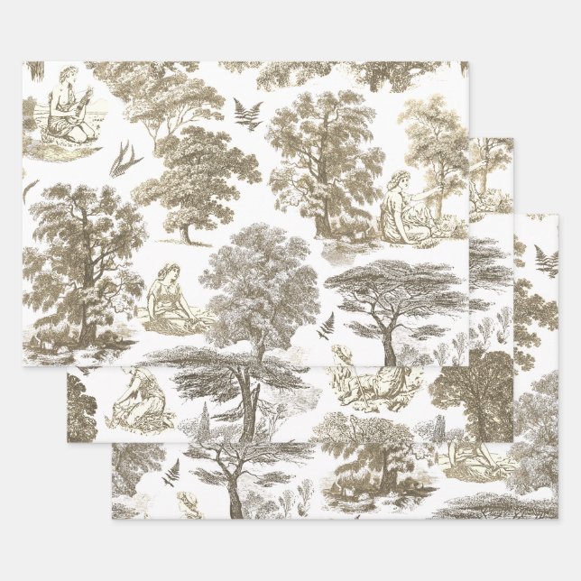Classy Elegant Rustic Gold Beige Country Toile Wrapping Paper Sheet (Set)