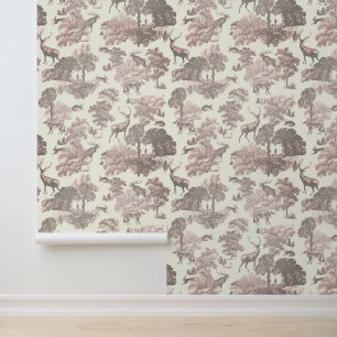 Classy Elegant Rustic Pink Deer Woodland Toile Wallpaper