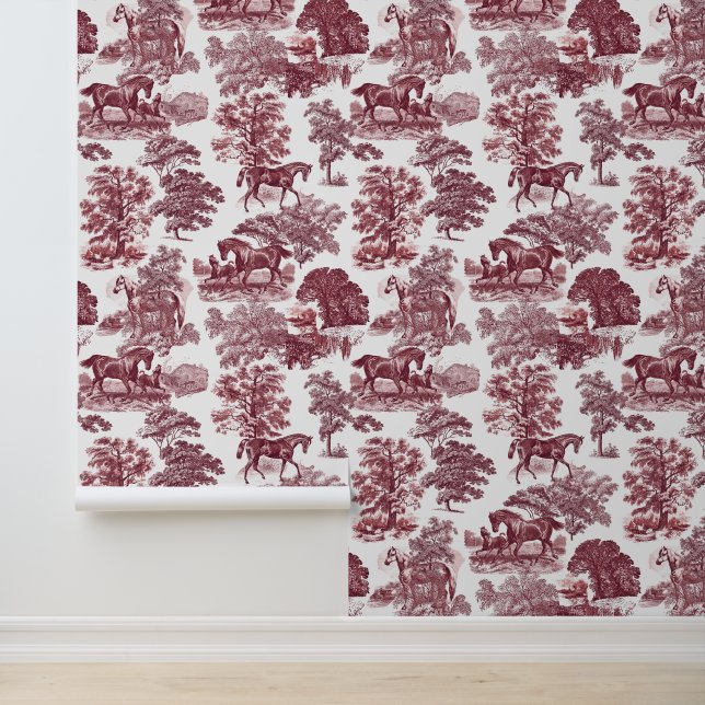 Classy Elegant Rustic Red Horse Toile Wallpaper (Application)