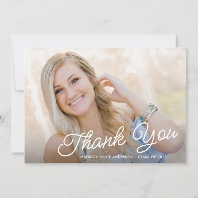 Classy Elegant Script 2 Photo Graduation Thank You Card (Front)