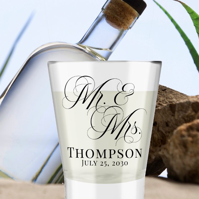 Classy Elegant Script Mr and Mrs Personalised Shot Glass (Creator Uploaded)