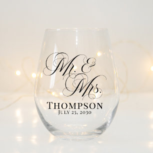 Classy Elegant Script Mr and Mrs Personalised Stemless Wine Glass