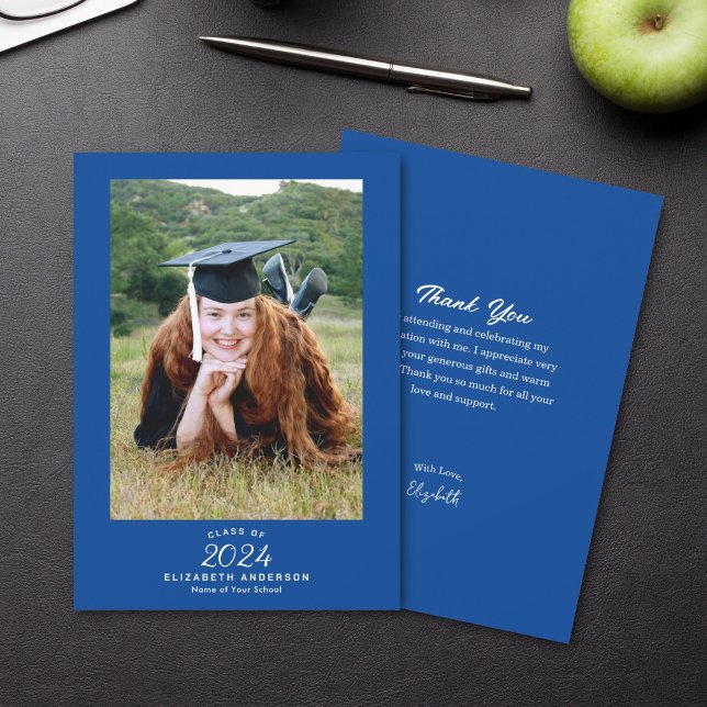 Classy Elegant Script Royal Blue Graduation Photo Thank You Card (Creator Uploaded)