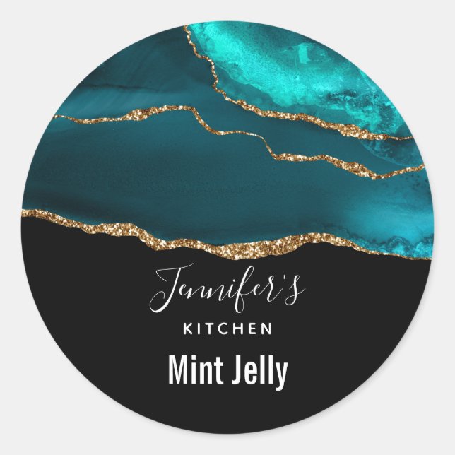 Classy Elegant Teal Agate on Black Kitchen Classic Round Sticker (Front)
