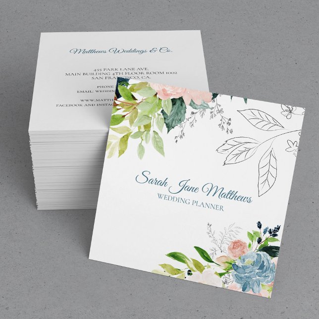 Classy elegant watercolor foliage wedding planner square business card (Creator Uploaded)