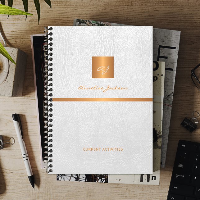 Classy elegant white leather gold monogrammed planner (Creator Uploaded)