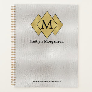 Classy Elegant White Leather Monogrammed Planner