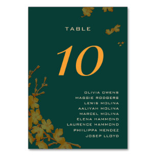 Classy Emerald Green Gold Floral Guest Names  Table Number