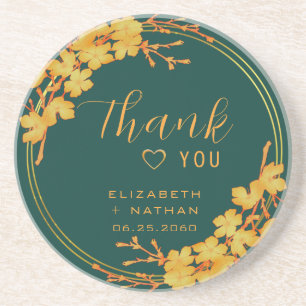 Classy Emerald Green Gold Floral Wedding Thank You Coaster