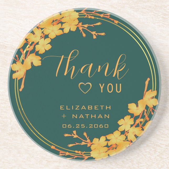 Classy Emerald Green Gold Floral Wedding Thank You Coaster (Front)