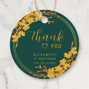 Classy Emerald Green Gold Floral Wedding Thank You Favour Tags