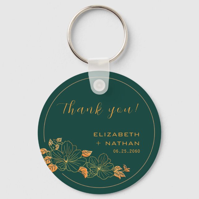 Classy Emerald Green Gold Floral Wedding Thank You Key Ring (Front)