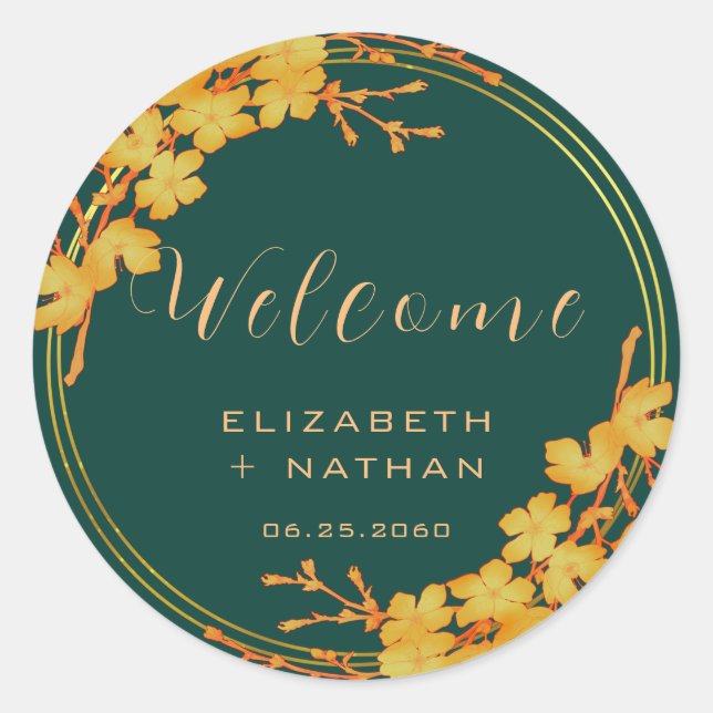 Classy Emerald Green Gold Floral Wedding Welcome Classic Round Sticker (Front)
