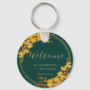 Classy Emerald Green Gold Floral Wedding Welcome Key Ring
