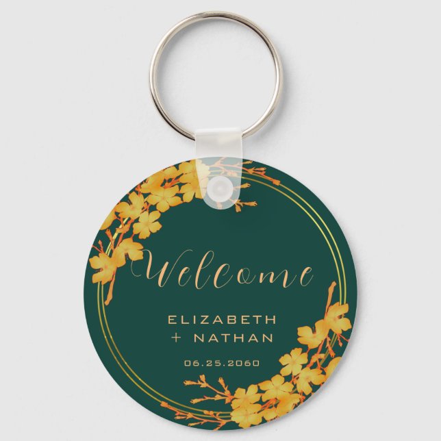 Classy Emerald Green Gold Floral Wedding Welcome Key Ring (Front)