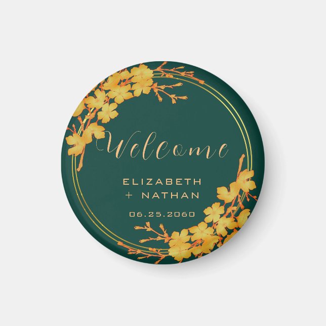 Classy Emerald Green Gold Floral Wedding Welcome Magnet (Front)