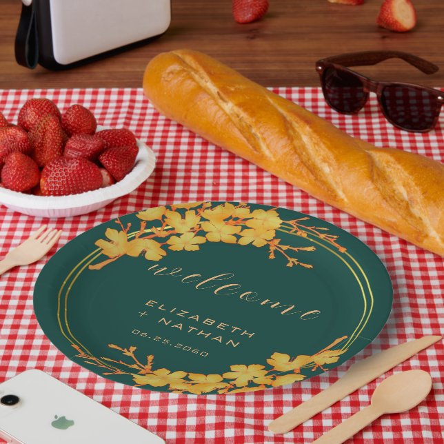 Classy Emerald Green Gold Floral Welcome Paper Plate (Picnic)