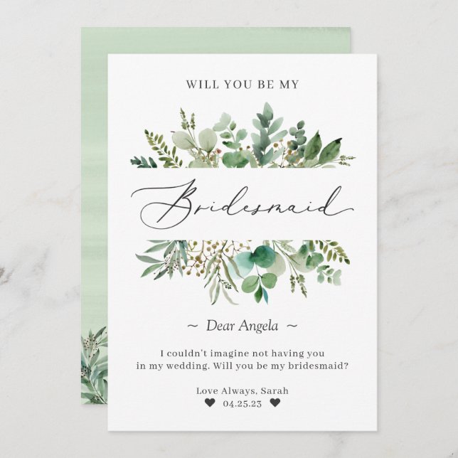 Classy Eucalyptus Leaves Be My Bridesmaid Proposal Invitation (Front/Back)