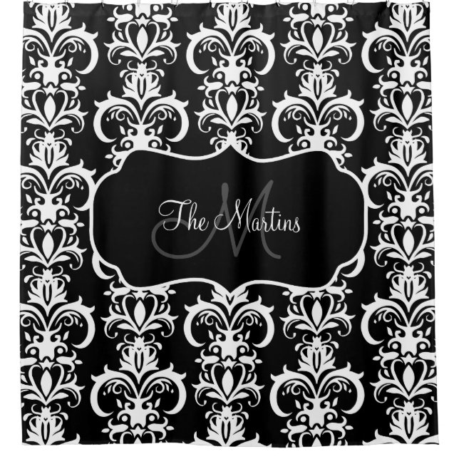 Classy Family Name Monogram Damask Pattern Shower Curtain (Front)