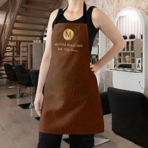 Classy Faux Brown Leather & Gold Monogram Uniform Apron