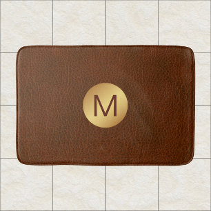 Classy Faux Brown Texture & Gold Initial Name Bath Mat