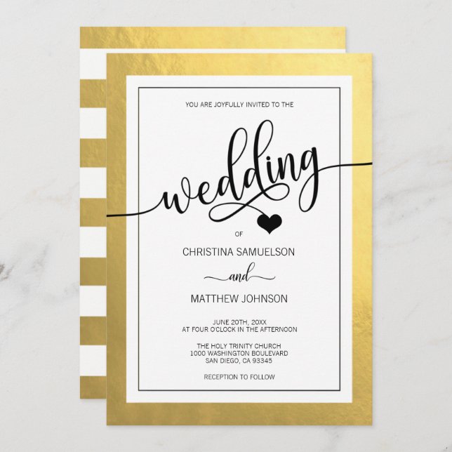 Classy Faux Gold Foil  Black & White Heart Wedding Invitation (Front/Back)