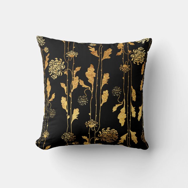 Classy Faux Gold Foil Flowers on Black Cushion (Front)
